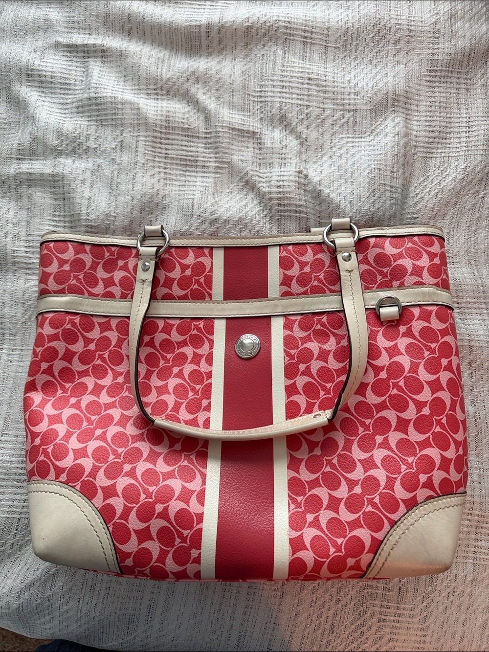 Canvas Tote Bag with Pink Pattern and Cream Trim